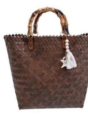 Tommy Bahama Brown Woven Tote with Bamboo-Style Handles and White Tassel Charm
